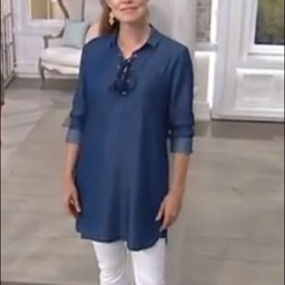 Du Jour Long Sleeves Lace Front Tencel Denim Tunic - Picture 2 of 11